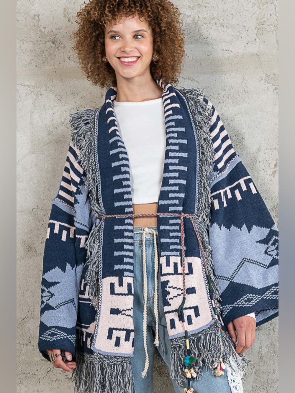 POL Indigo Blue Aztec pattern fringe chenille cardigan sweater Blue White Large